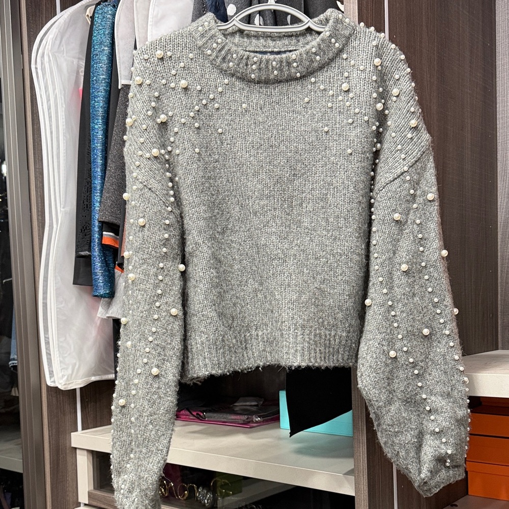 Zara Gray Pearl-Studded Sweater